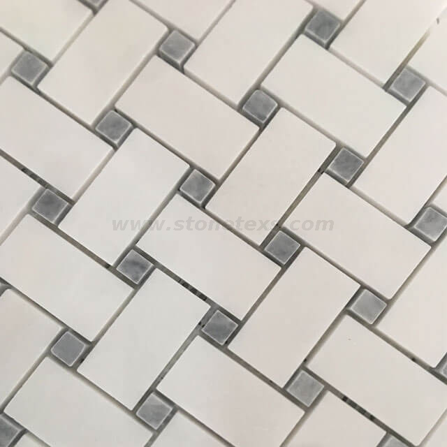 Thassos Mármol blanco Basketweave Mosaic Grey Dots Hilled Backsplash Tile