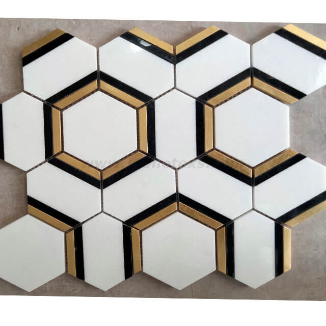 Azulejo de mosaico hexagonal mixto de mármol blanco y cobre de Thassos